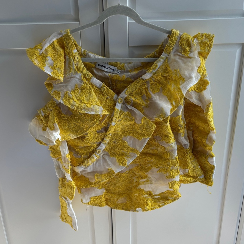 Self-Portrait Yellow & White Ruffle Lace Crop Blouse